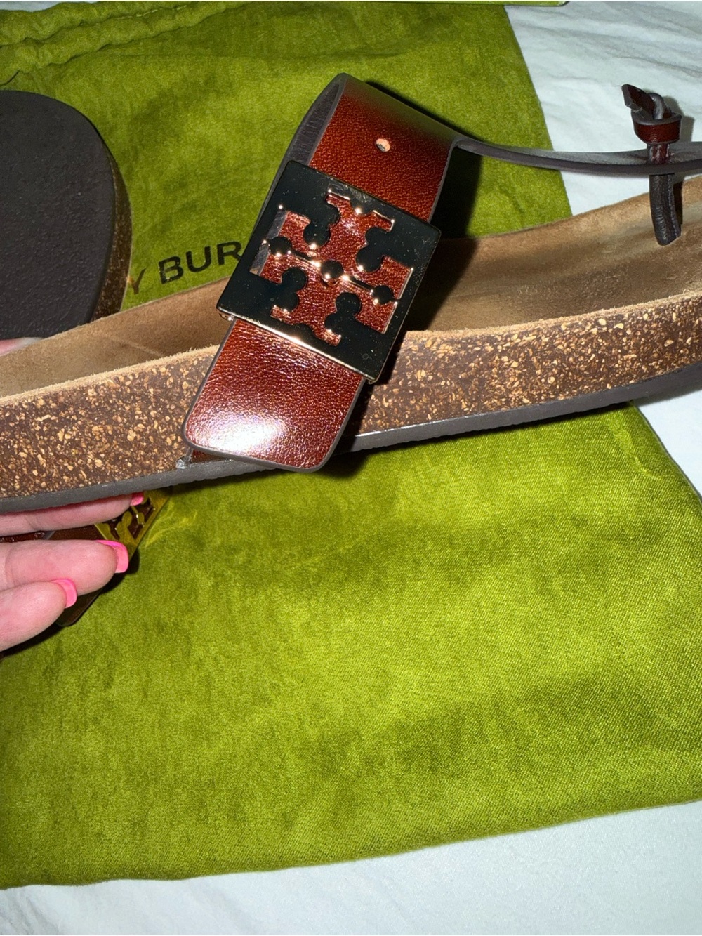 Tory Burch Brown Leather Logo Cork-Style Slide Sandal